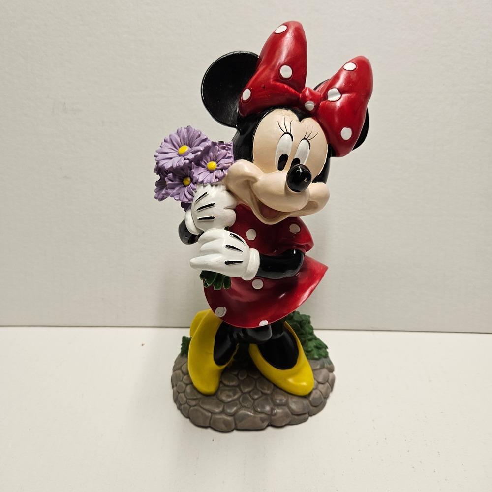 Disney Minnie Mouse Garden Statue Figure Red Polka Dot Dress Purple Flowers 9in